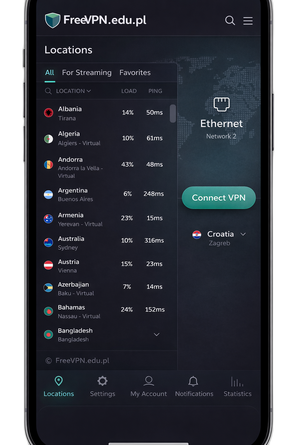 FreeVPN.edu.pl iOS Interface